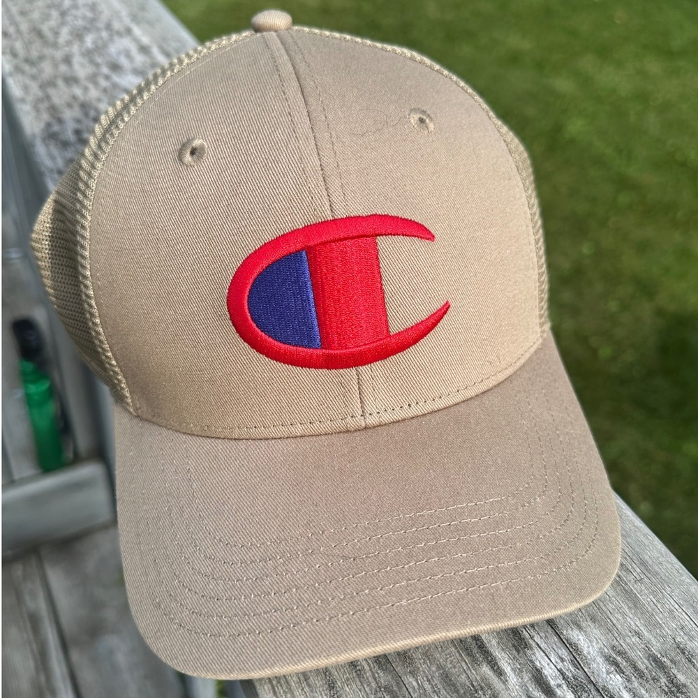 Champion Trucker Hat Tan Khaki Big C Logo Mesh Snapback Baseball Cap CS7-3034